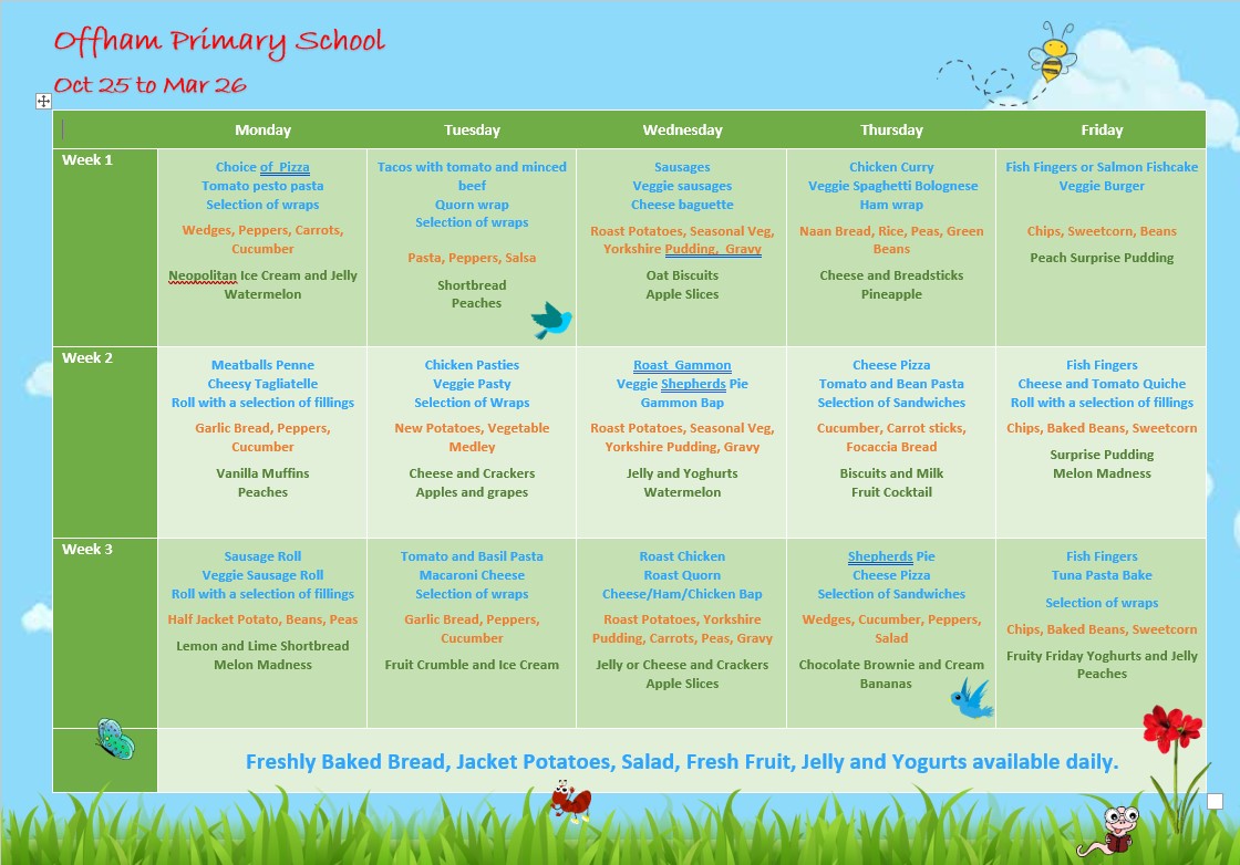 Menu October 25 to March 26